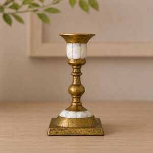 Vintage Brass Shell Inlay Candle Holder 4" Candlestick Square Base Patina